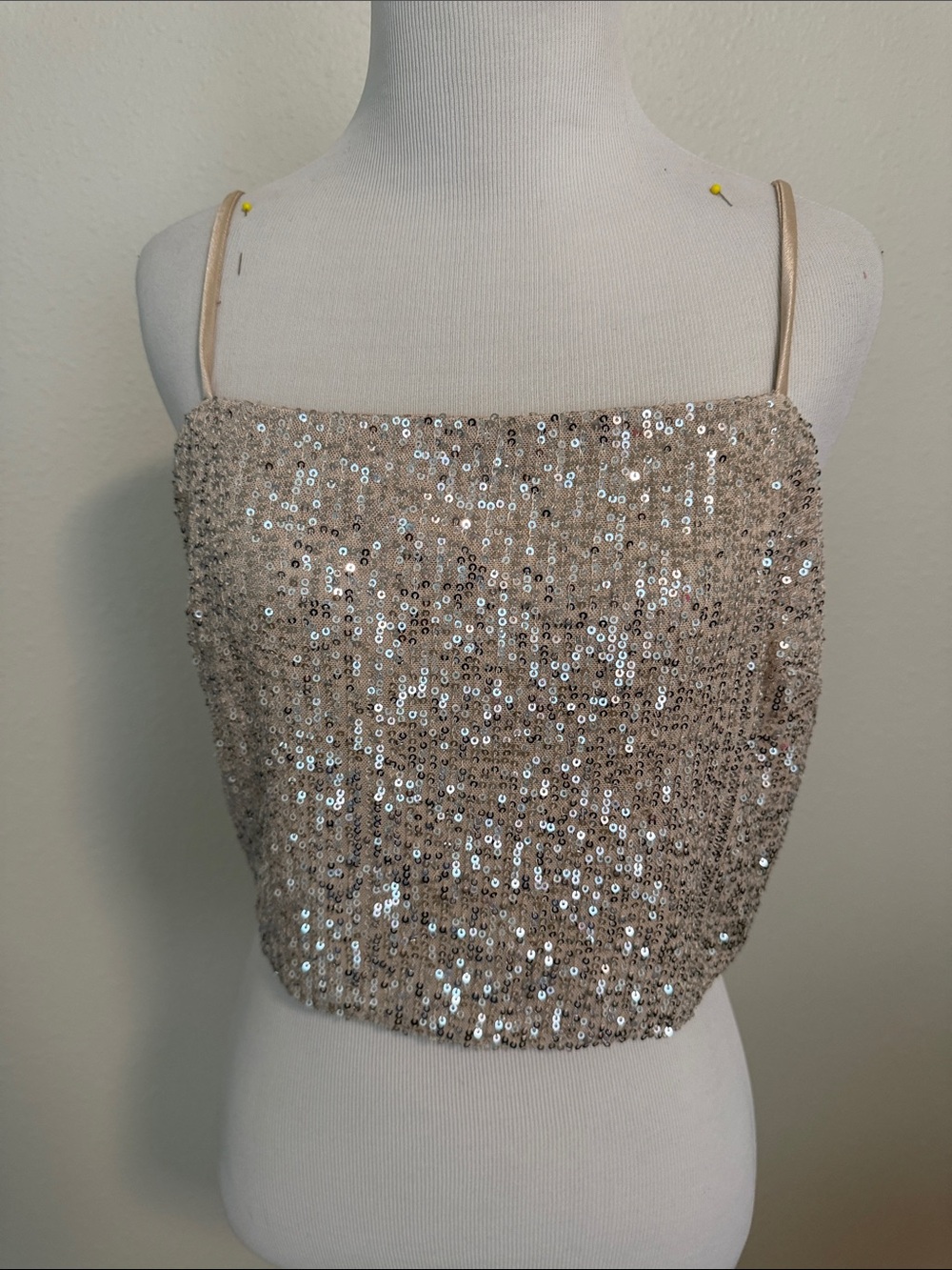Sadie & Sage Champagne Sequin Spaghetti Strap Crop Top